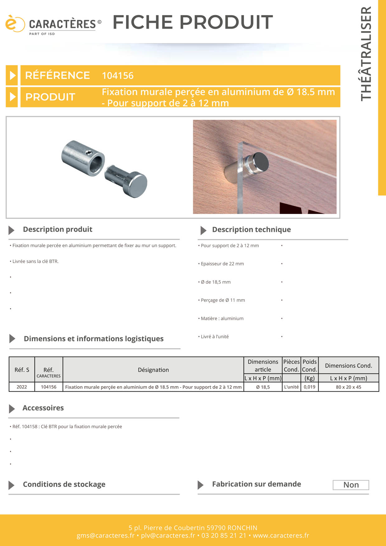Fixation murale perçée en aluminium de Ø 18.5 mm - Pour support de 2 à 12 mm