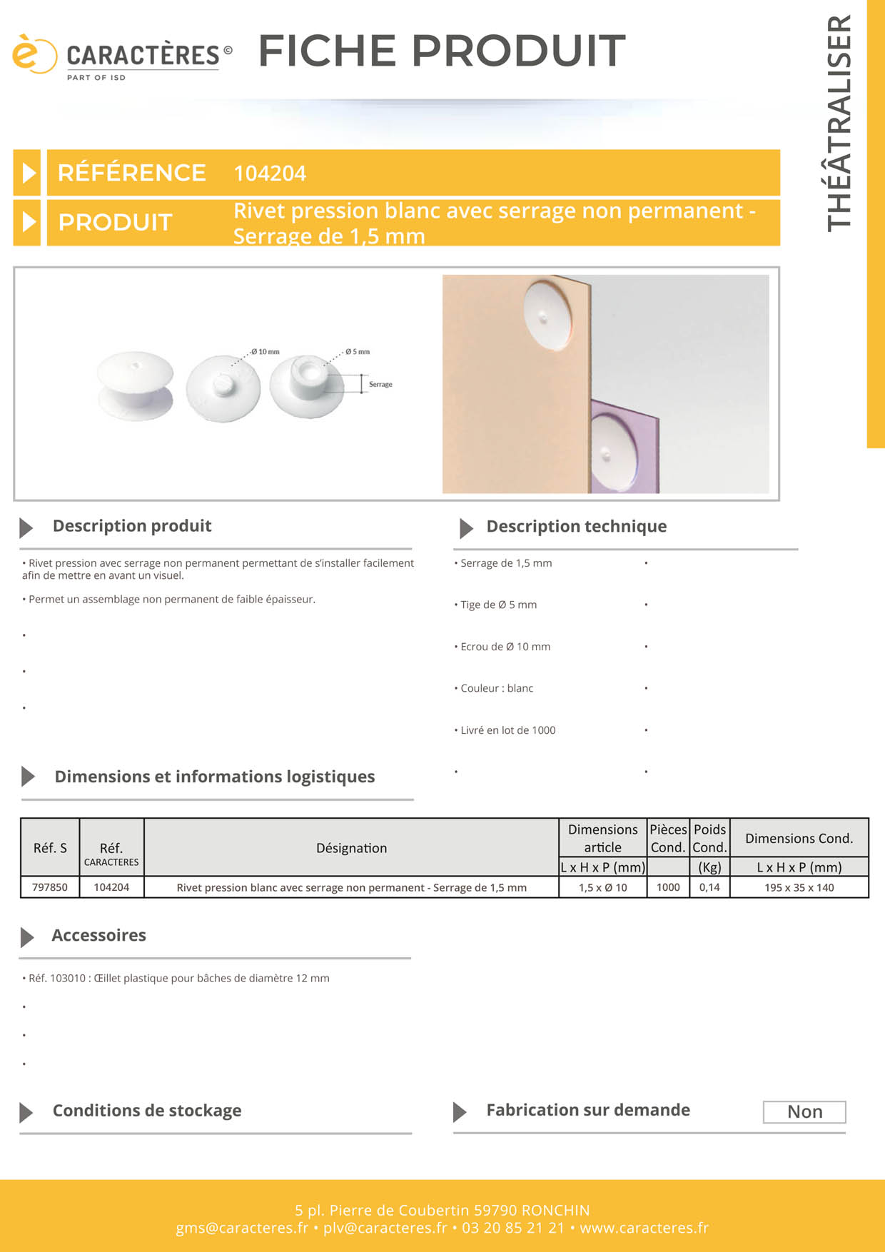 Rivet pression écrou de Ø 10 mm blanc avec serrage non permanent de 1.5 mm