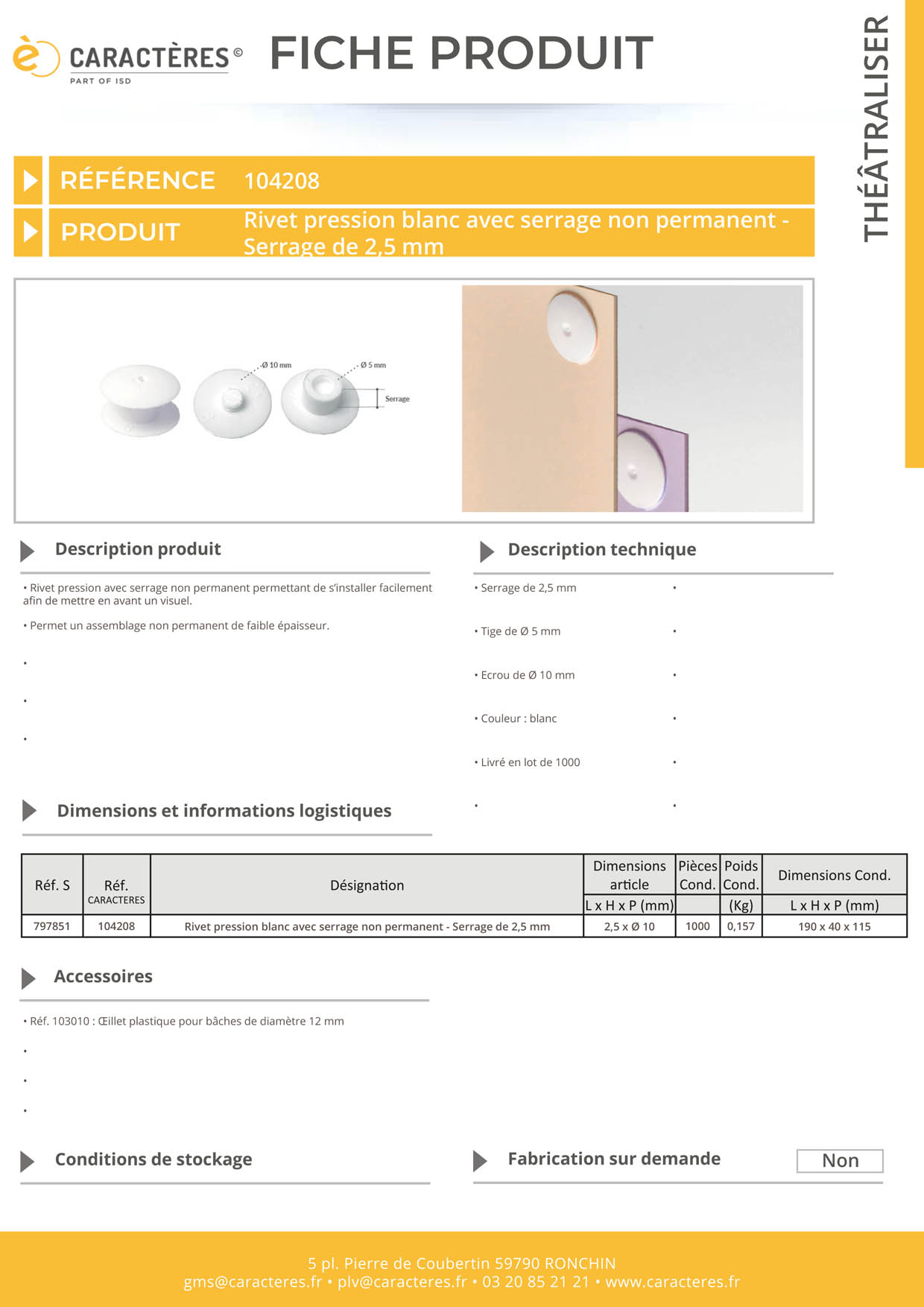 Rivet pression écrou de Ø 10 mm blanc avec serrage non permanent de 2,5 mm