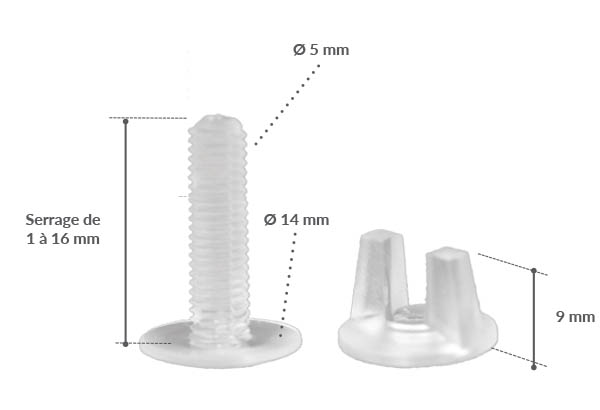 Vis + écrou à ailette transparent à visser avec serrage de 1 à 16 mm