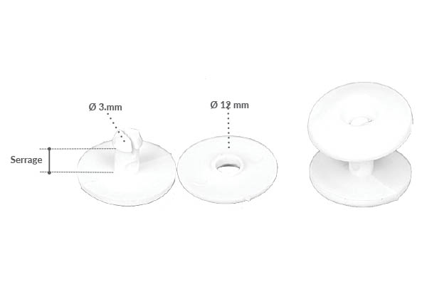 Rivet pression clip de Ø 12 mm blanc avec serrage non permanent de 3 mm