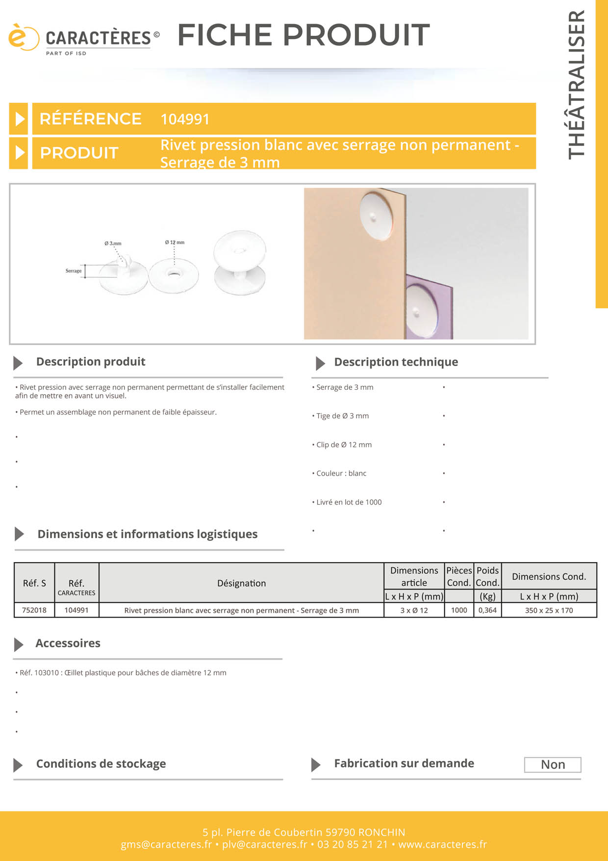 Rivet pression clip de Ø 12 mm blanc avec serrage permanent de 3 mm