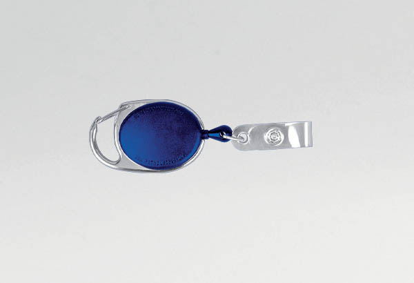 Enrouleur bleu avec mousqueton pour badge - Longueur totale de 920 mm