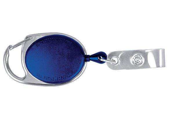 Enrouleur bleu avec mousqueton pour badge - Longueur totale de 920 mm