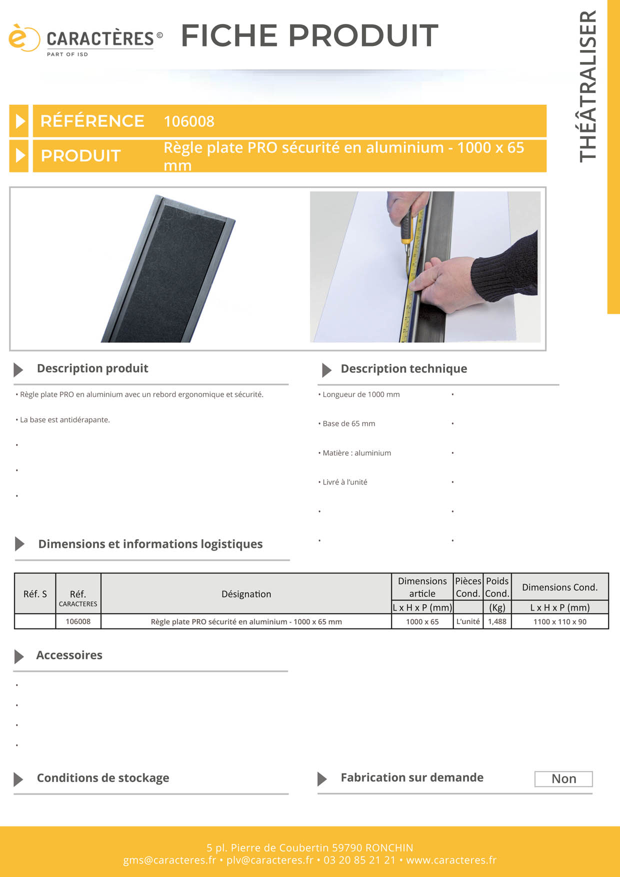 Règle plate PRO sécurité en aluminium - 1000 x 65 mm