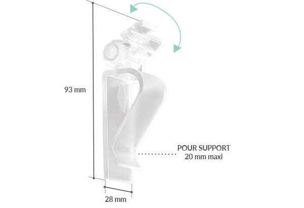 Pince clip orientable bas - haut pour support 20 mm - Pivote à 180°