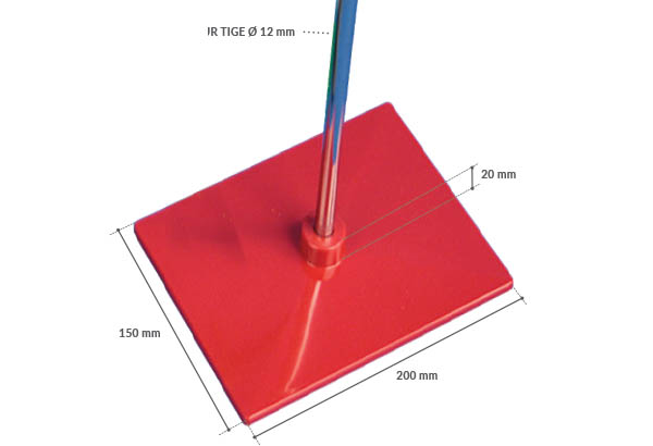 Socle rectangulaire rouge de 200 x 150 mm en plastique pour tige de Ø 12 mm