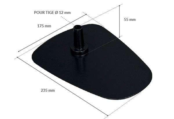 Socle rectangulaire noir de 175 x 235 mm en métal pour tige de Ø 12 mm