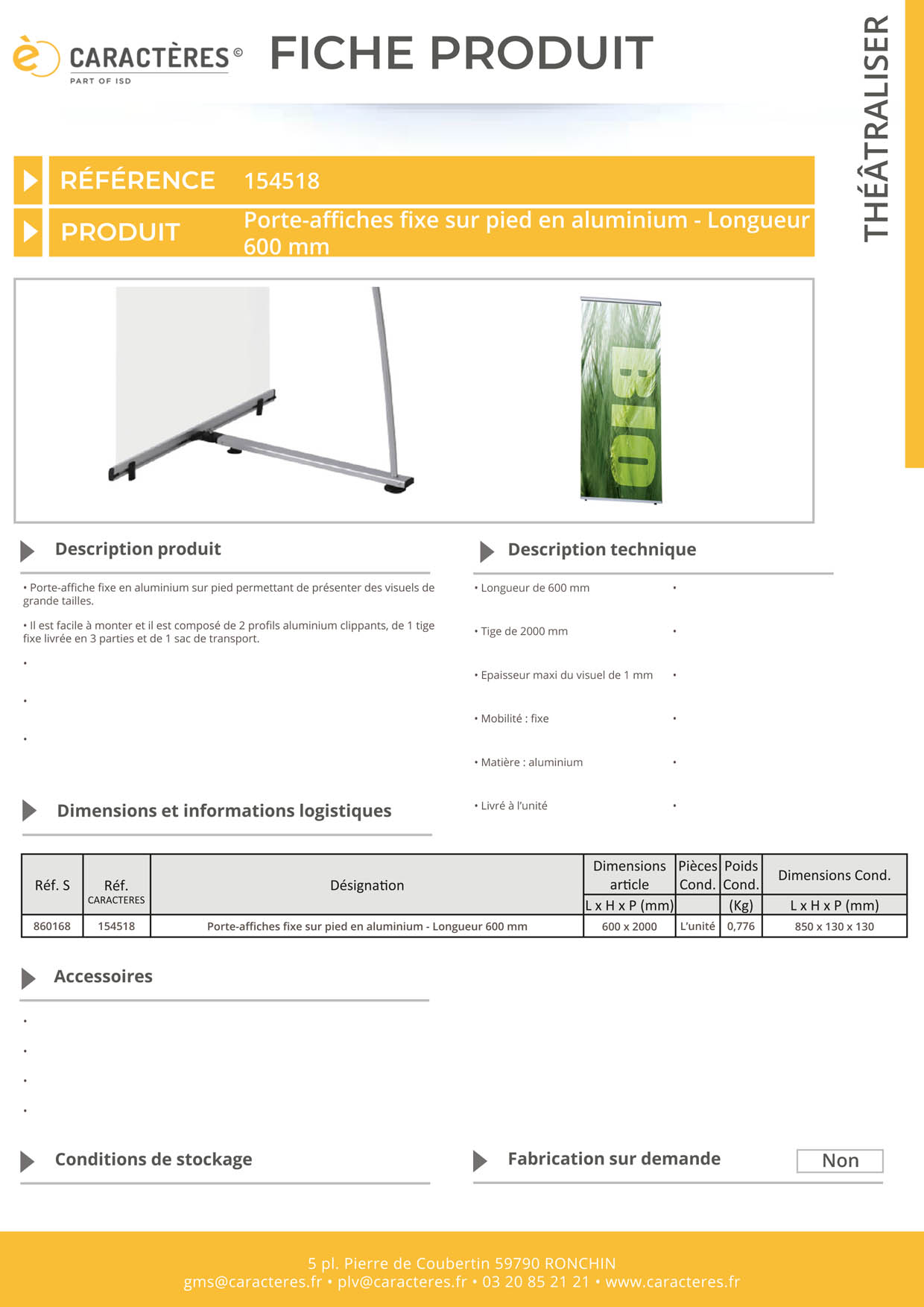Porte-affiches fixe sur pied en aluminium - 600 x 2000 mm