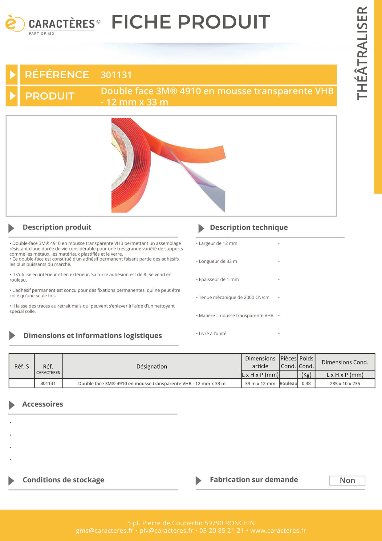 Double face 3M® 4910 en mousse transparente VHB - 12 mm x 33 m