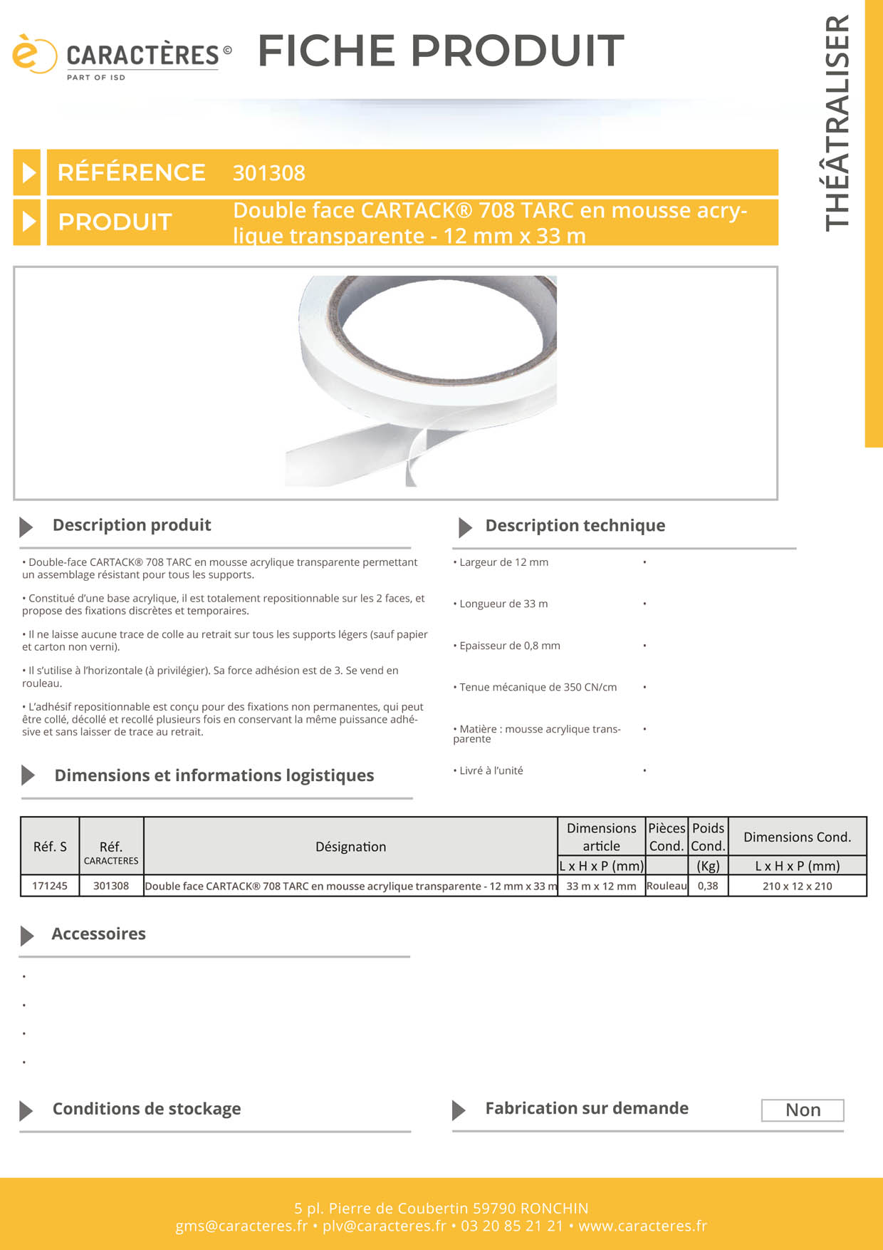 Double face CARTACK® 708 TARC en mousse acrylique transparente - 12 mm x 33 m