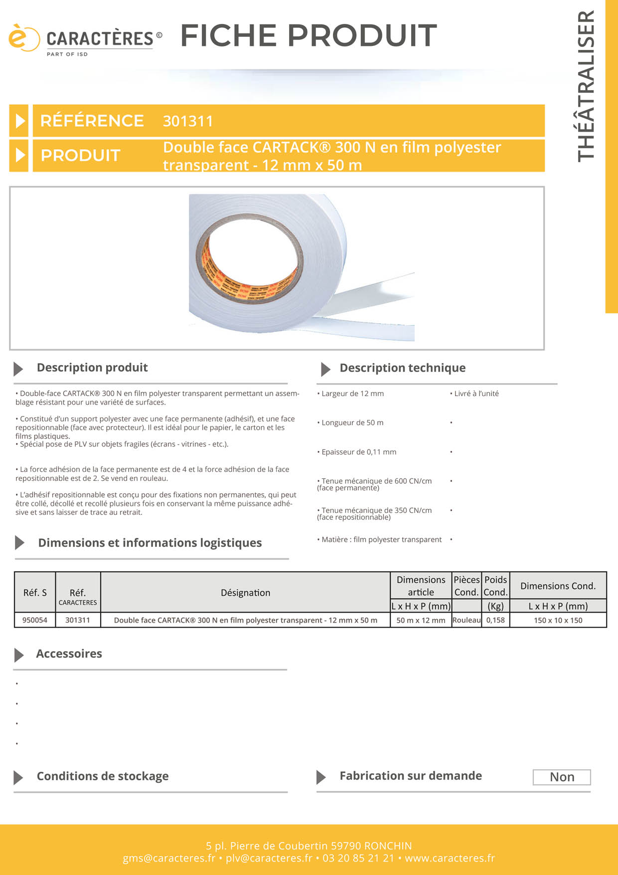Double face CARTACK® 300 N en film polyester transparent - 12 mm x 50 m