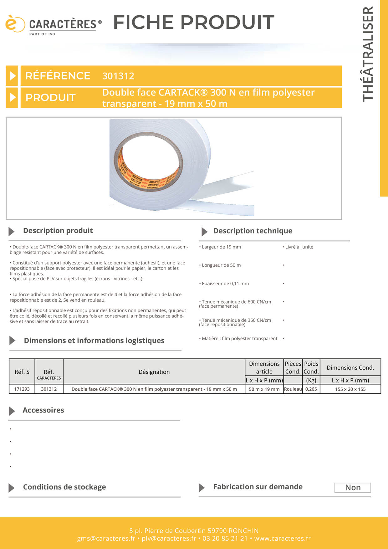 Double face CARTACK® 300 N en film polyester transparent - 19 mm x 50 m