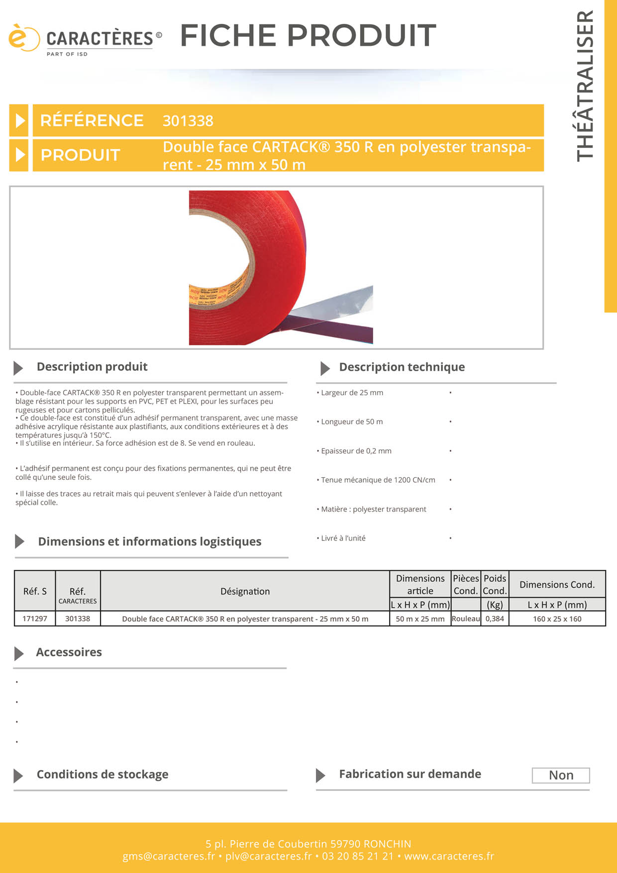 Double face CARTACK® 350 R en polyester transparent - 25 mm x 50 m