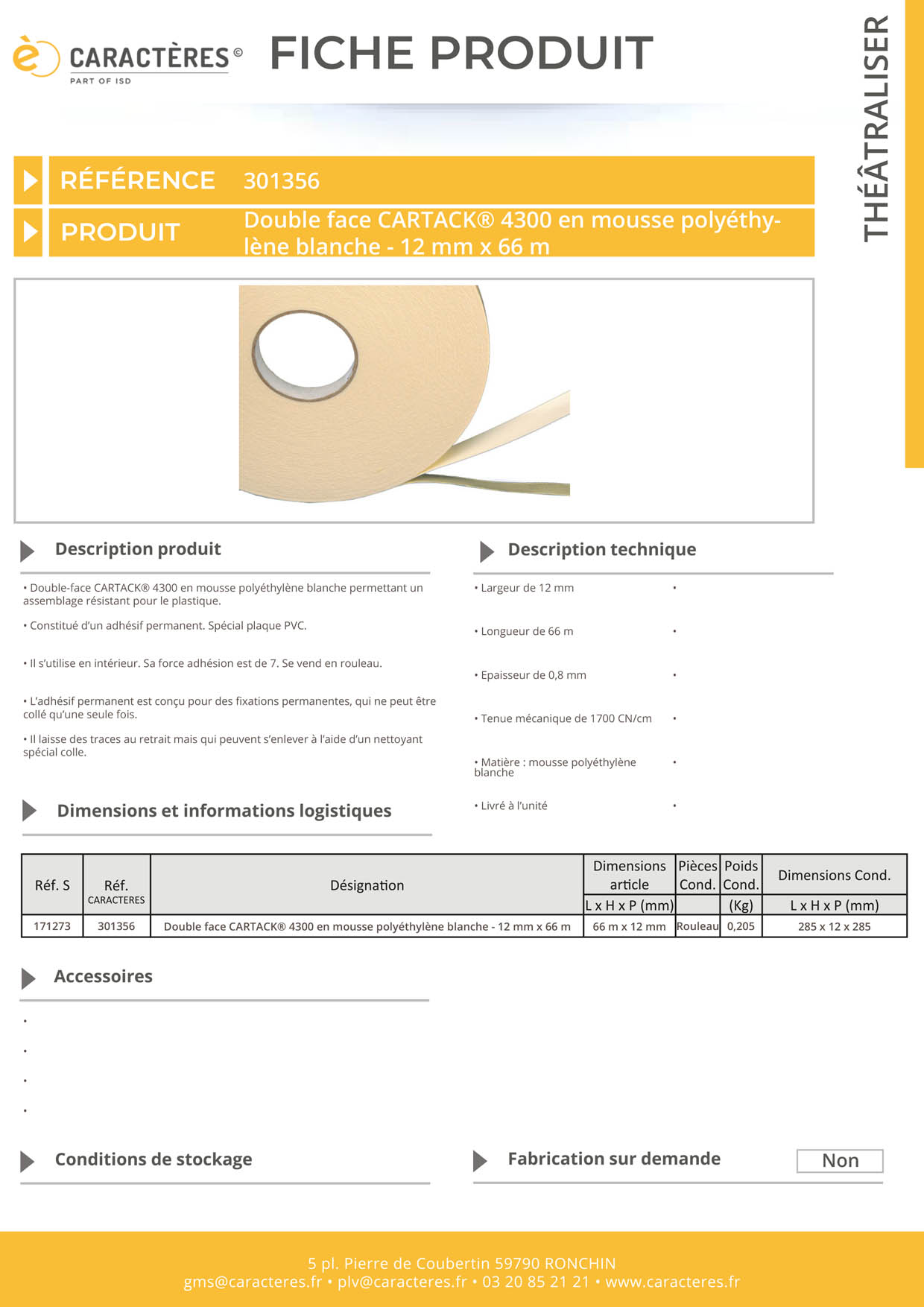 Double face CARTACK® 4300 en mousse polyéthylène blanche - 12 mm x 66 m