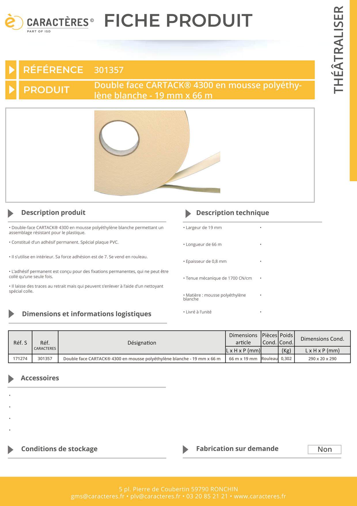 Double face CARTACK® 4300 en mousse polyéthylène blanche - 19 mm x 66 m