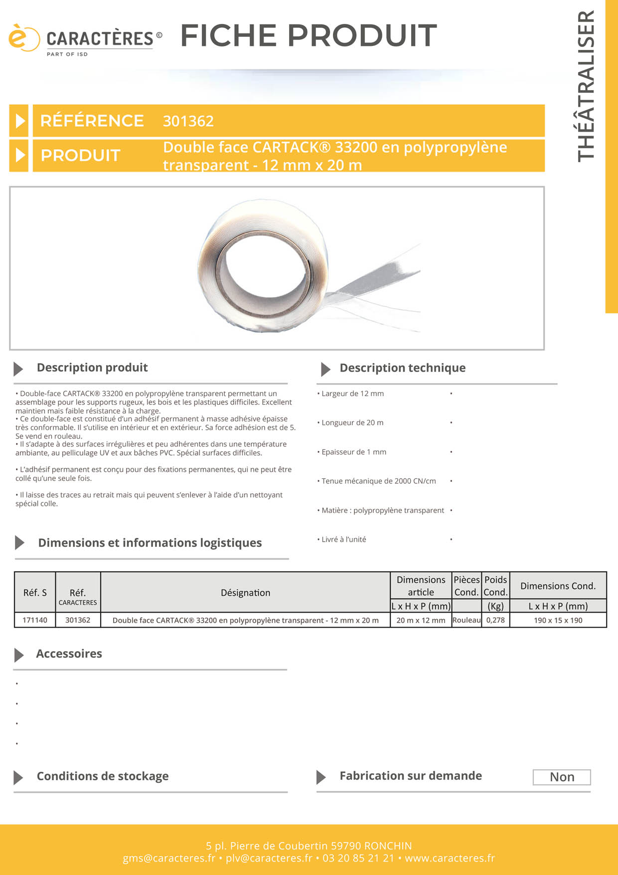 Double face CARTACK® 33200 en polypropylène transparent - 12 mm x 20 m
