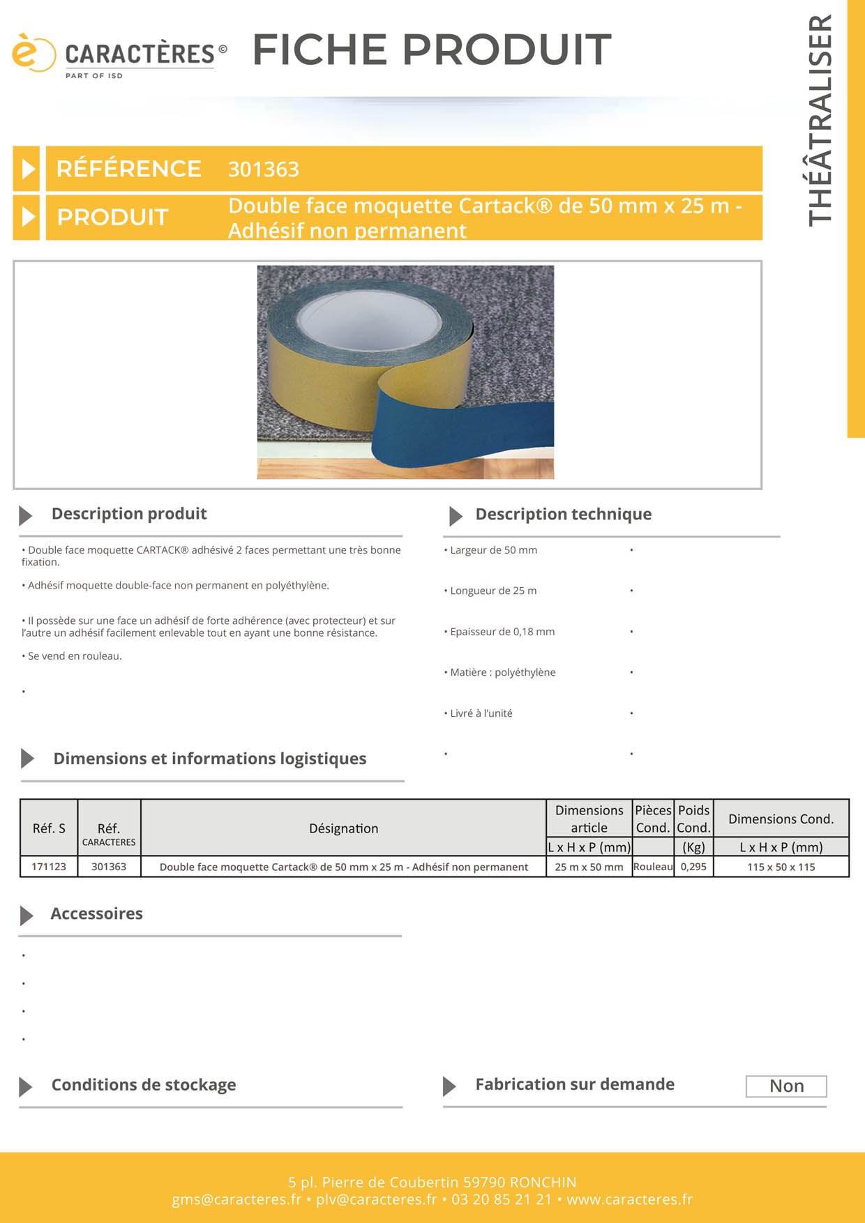 Double face moquette CARTACK® de 50 mm x 25 m - Adhésif non permanent