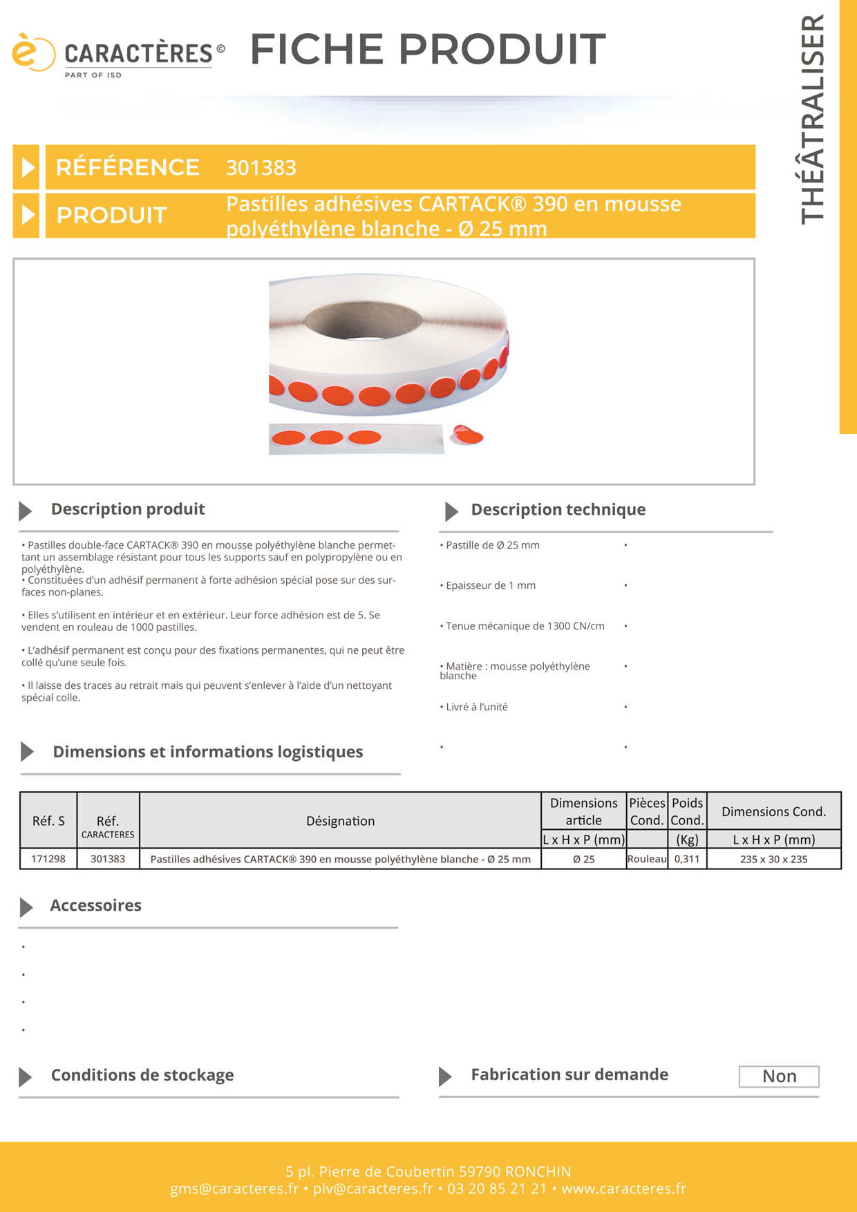 Lot de 1000 pastilles adhésives CARTACK® 390 en mousse blanche - Ø 25 mm