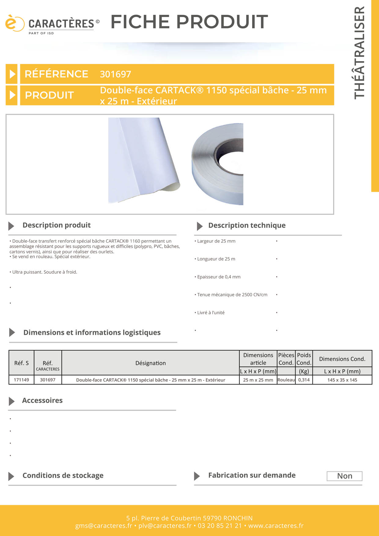 Double-face CARTACK® 1160 spécial bâche - 25 mm x 25 m - Extérieur