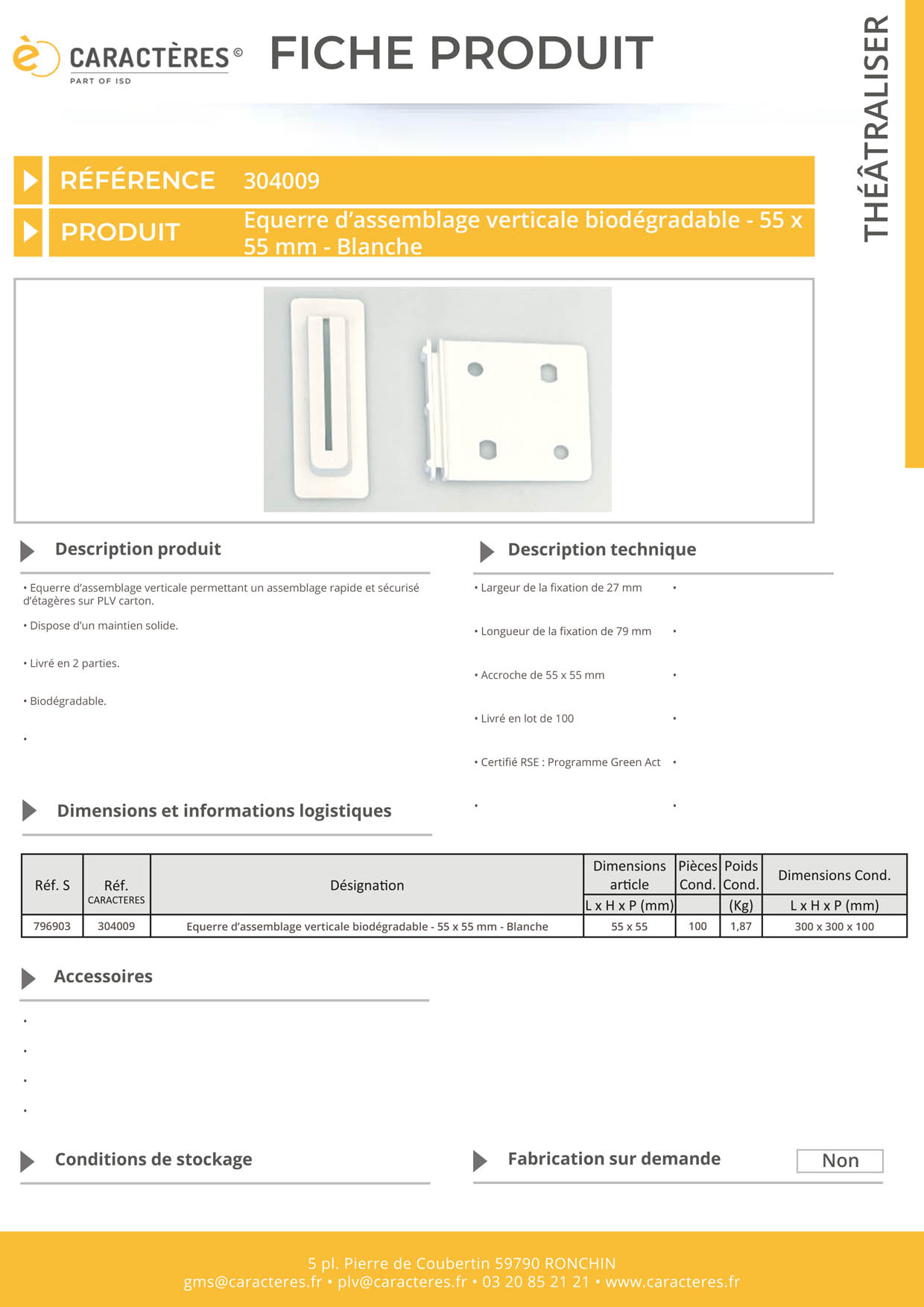 Equerre d'assemblage verticale biodégradable - 55 x 55 mm - Blanche