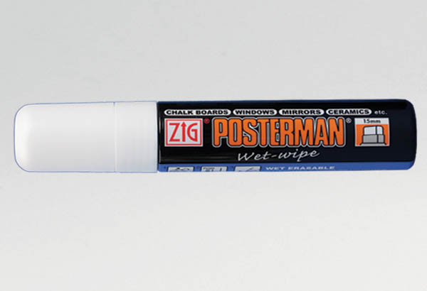 Marqueur craie Posterman® WET WIPE - Pointe rectangle de 15 mm blanche