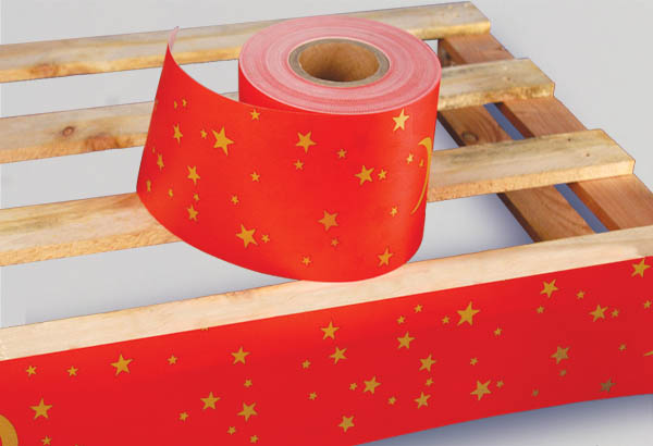 Rouleau de cache palette Calcolor® à thème de 15 cm x 50 m - Rouge / Etoilé Or