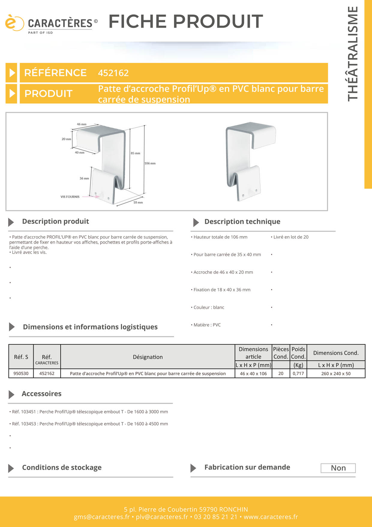 Patte d'accroche Profil'Up® en PVC blanc pour barre carrée de suspension