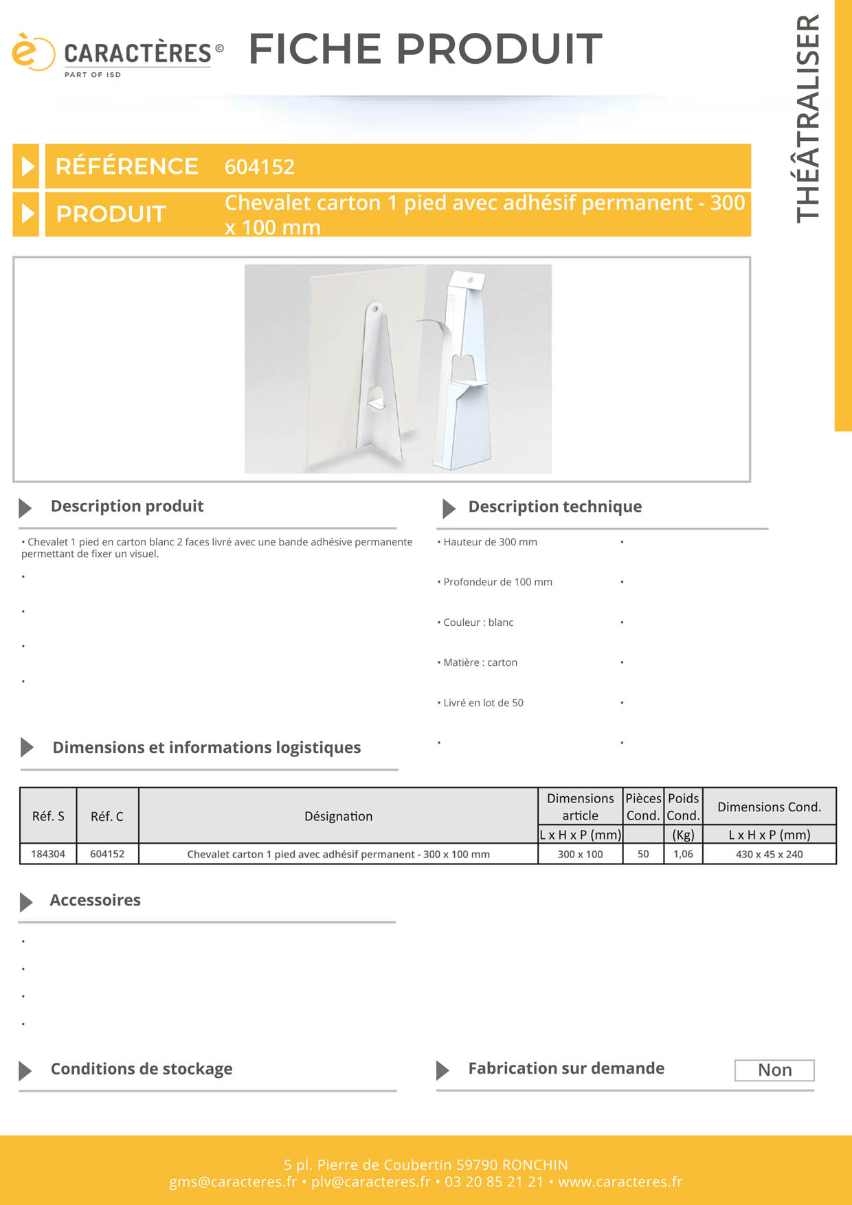 Chevalet carton 1 pied avec adhésif permanent - 300 x 100 mm