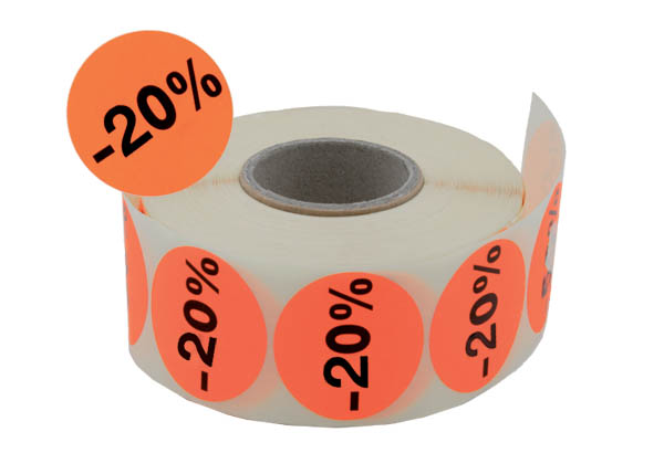 Pastilles "-20%" fluo adhésives Ø 38 mm en rouleau de 1000