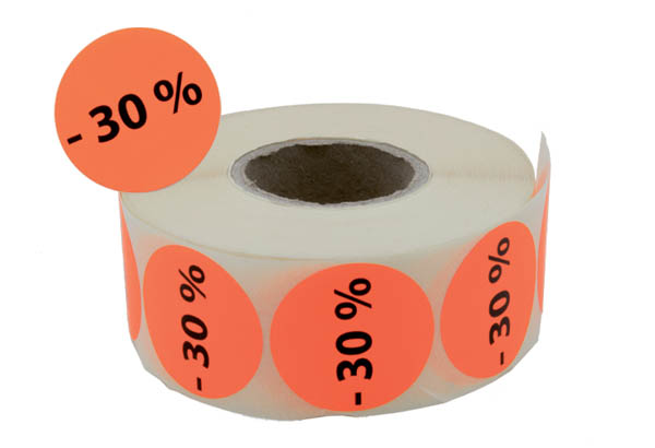Pastilles "-30%" fluo adhésives Ø 38 mm en rouleau de 1000