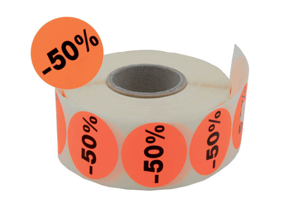 Pastilles "-50%" fluo adhésives Ø 38 mm en rouleau de 1000