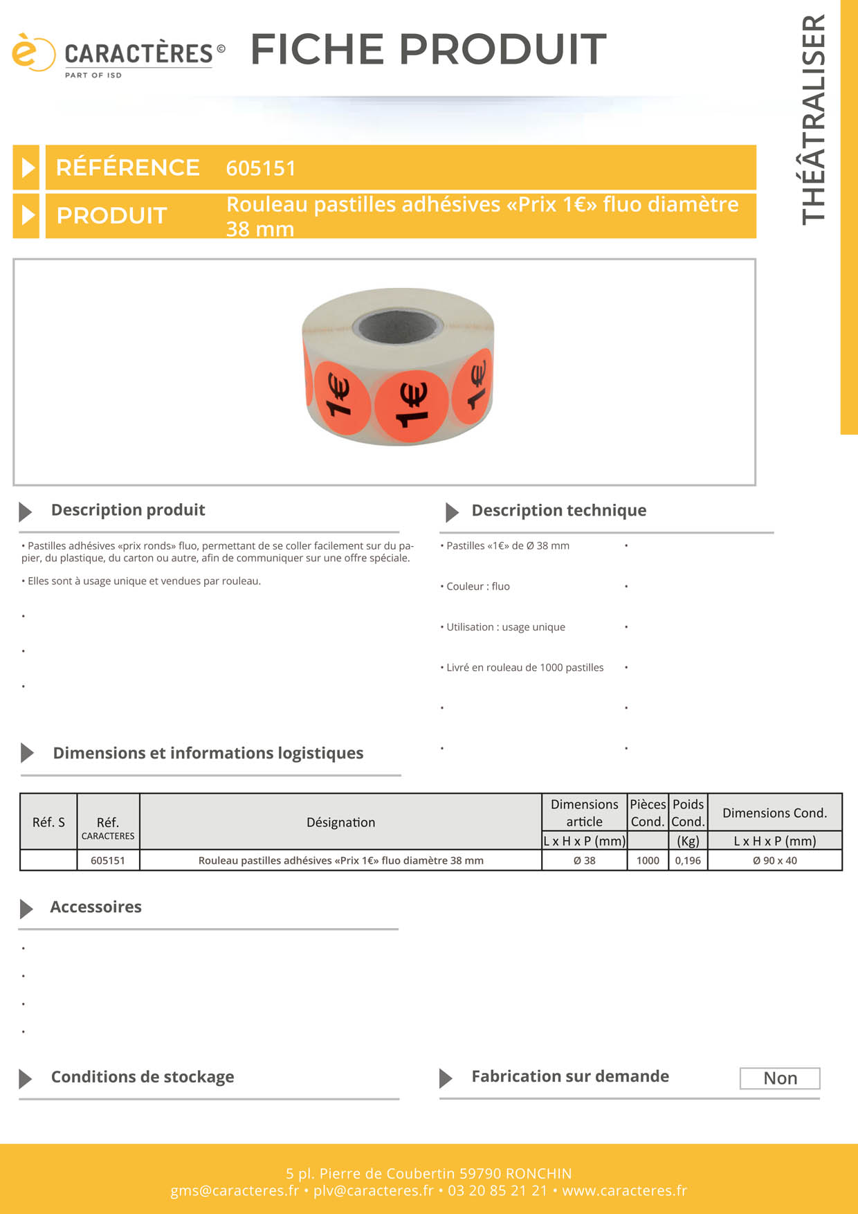 Pastilles adhésives prix rond de "1€" fluo de Ø 38 mm