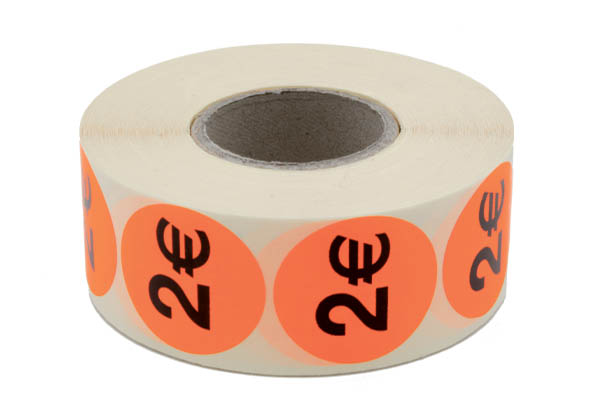Pastilles "2€" fluo adhésives Ø 38 mm en rouleau de 1000