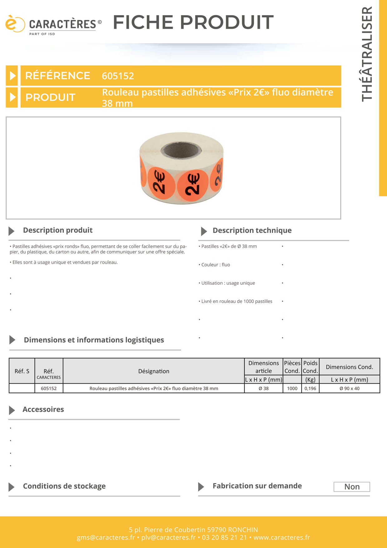 Pastilles adhésives prix rond de "2€" fluo de Ø 38 mm