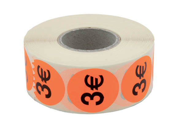 Pastilles "3€" fluo adhésives Ø 38 mm en rouleau de 1000