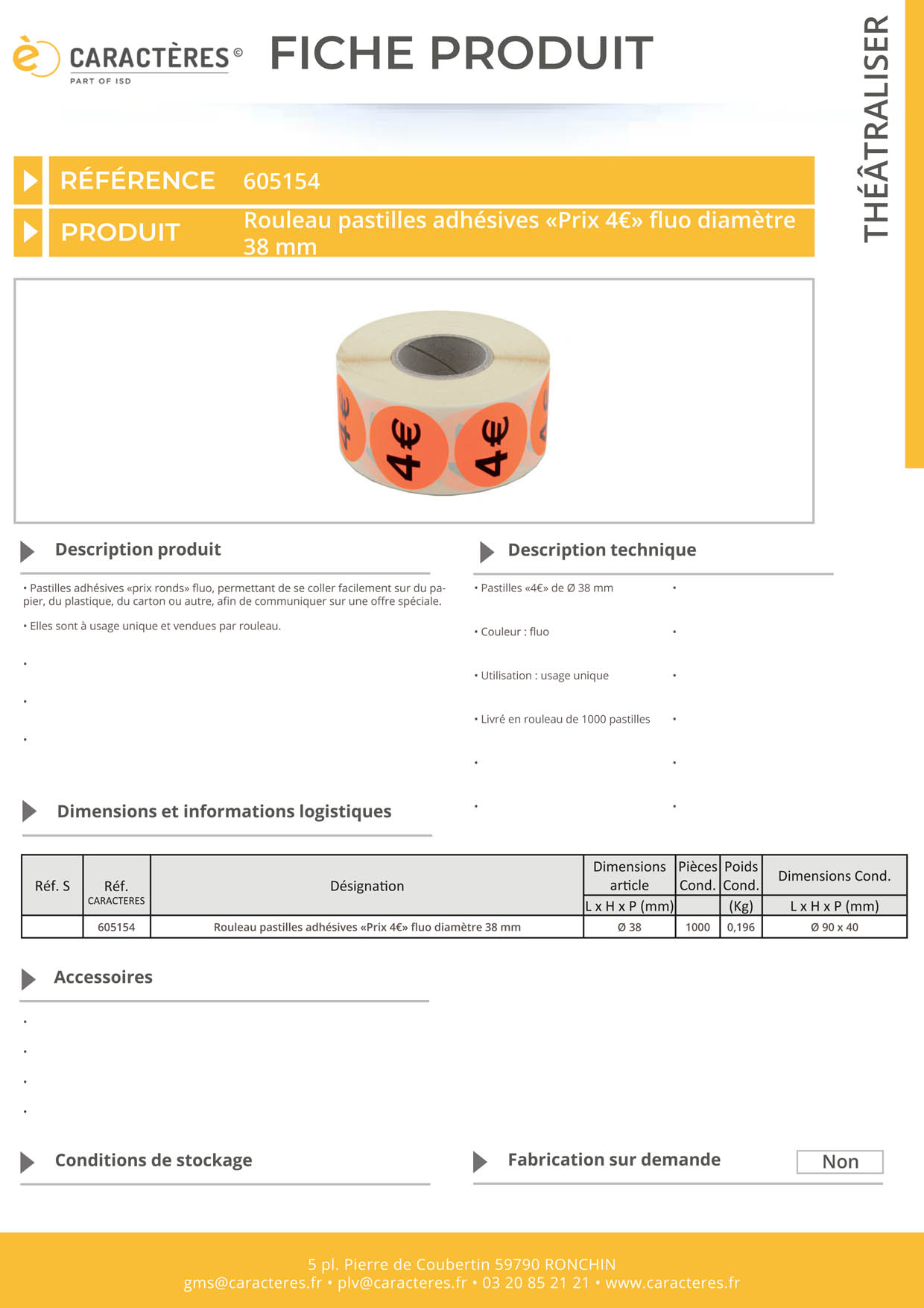 Pastilles adhésives prix rond de "4€" fluo de Ø 38 mm
