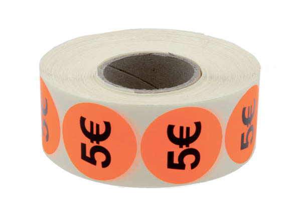 Pastilles "5€" fluo adhésives Ø 38 mm en rouleau de 1000