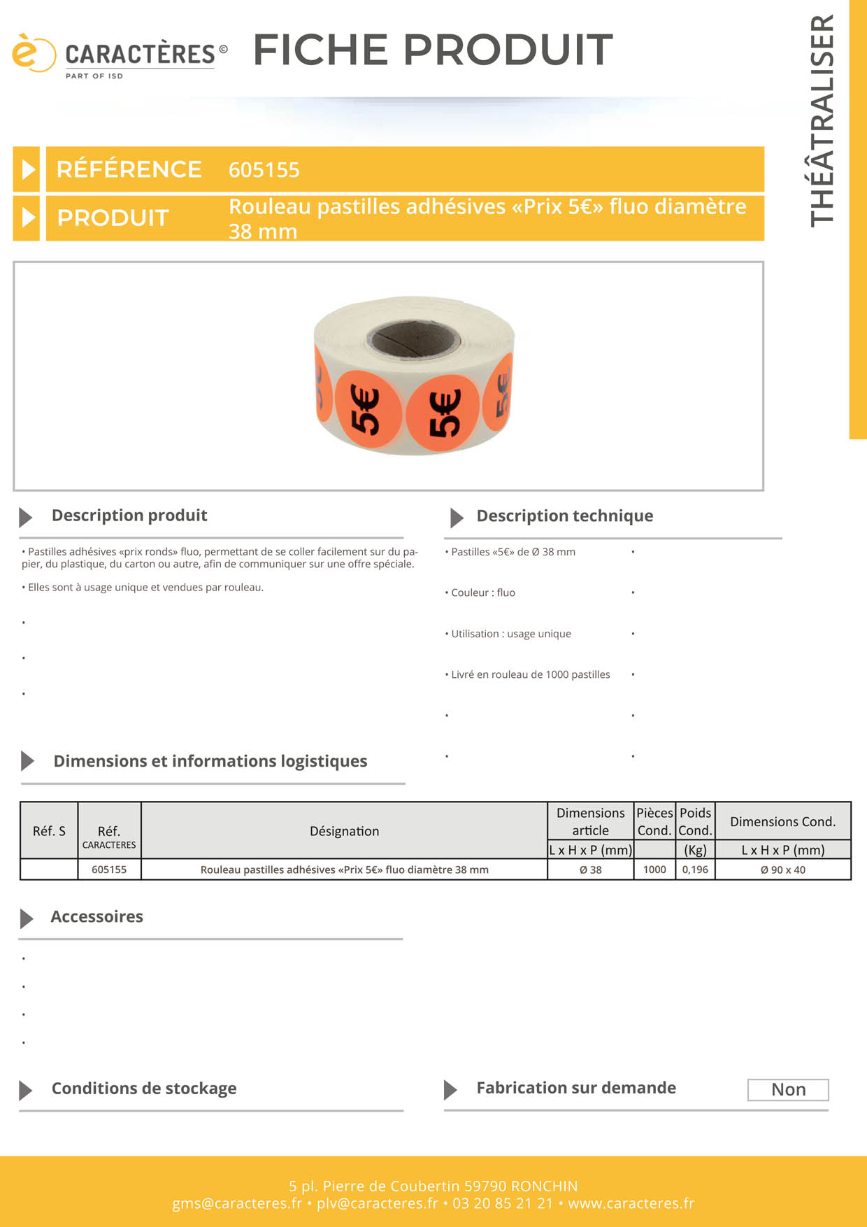 Pastilles adhésives prix rond de "5€" fluo de Ø 38 mm