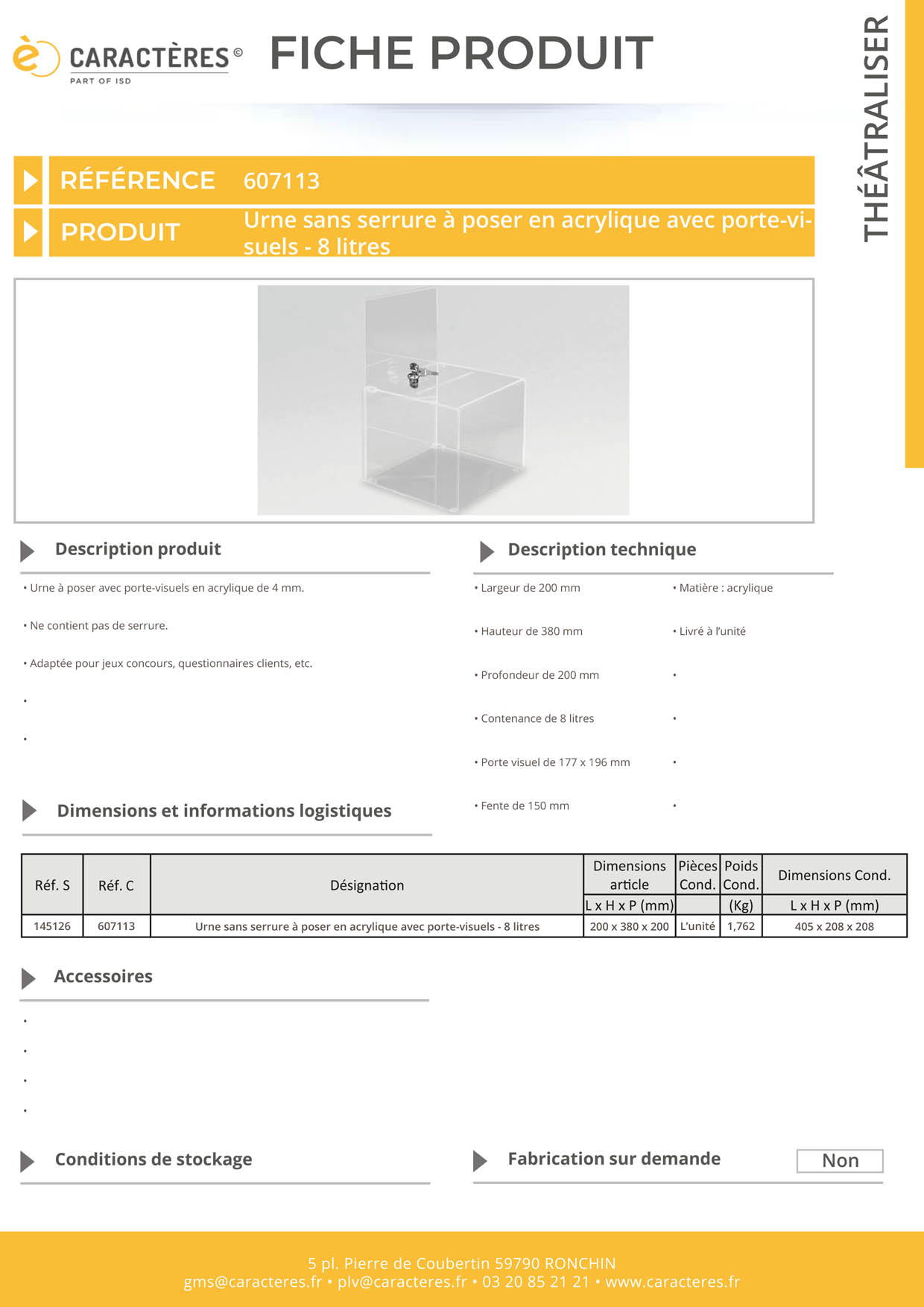 Urne sans serrure à poser en acrylique avec porte-visuels - 8 litres