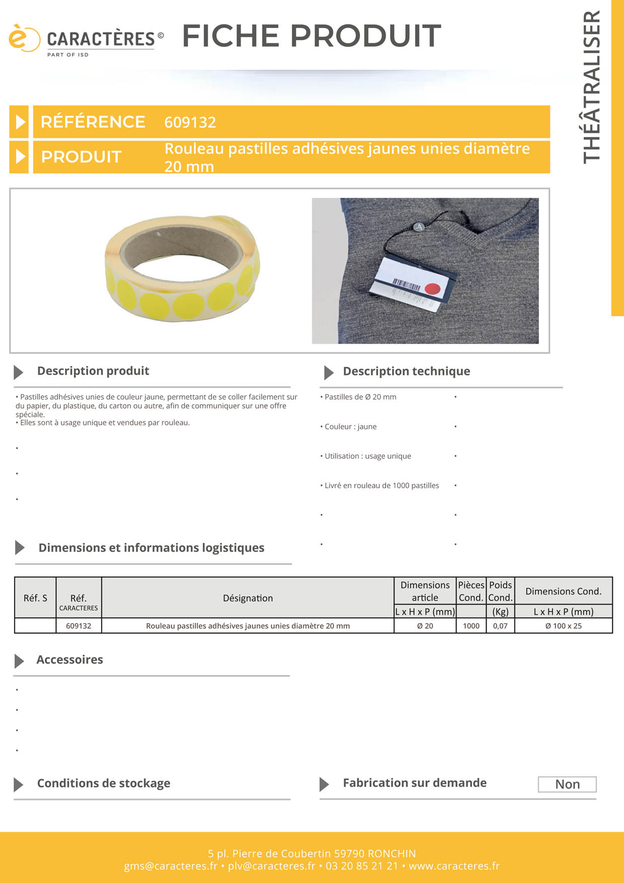 Pastilles adhésives jaunes unies de Ø 20 mm