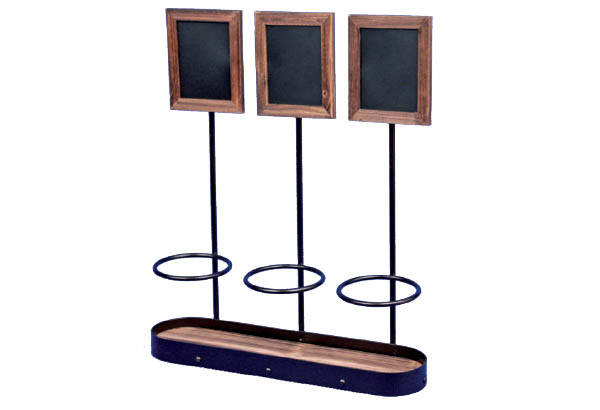 Présentoir bouteille en métal avec cadre ardoisine et profil bois - Base de 385 x 100 mm