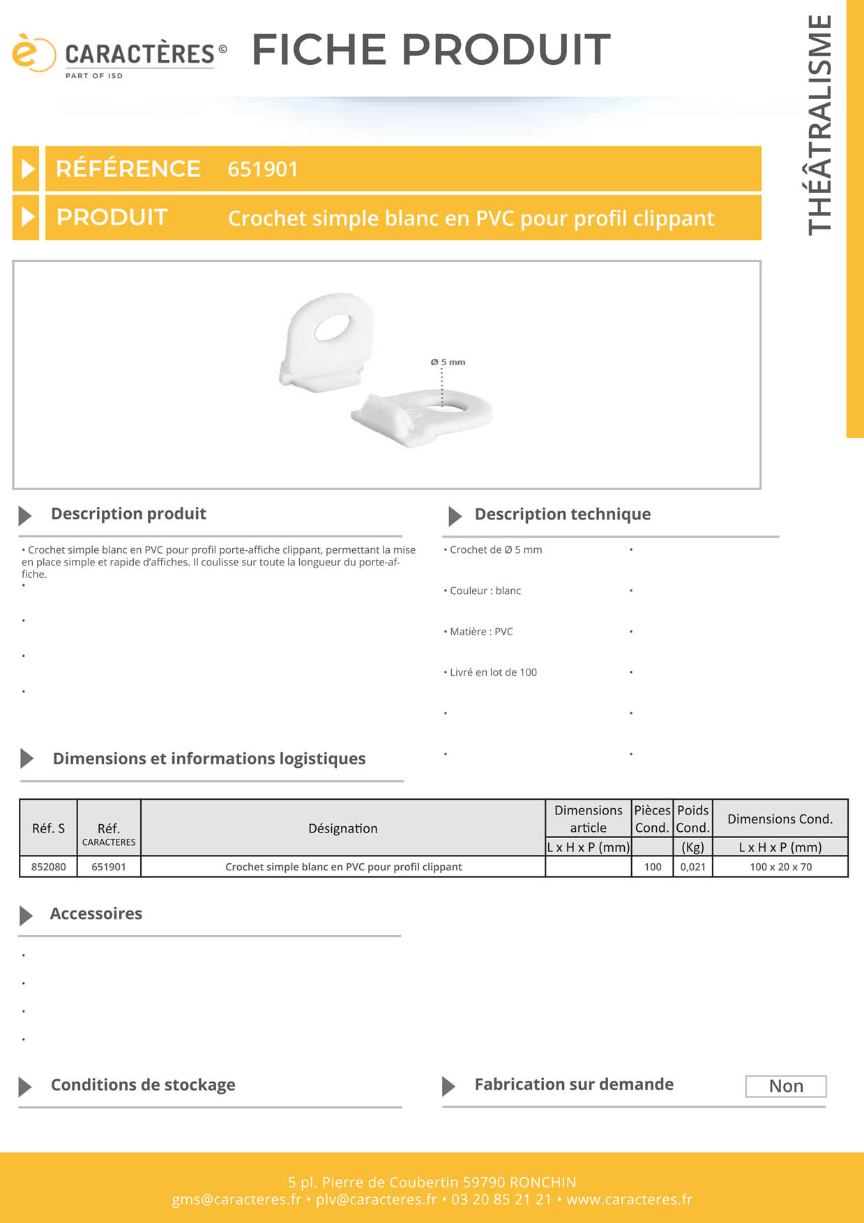 Crochet simple en PVC blanc pour profil clippant