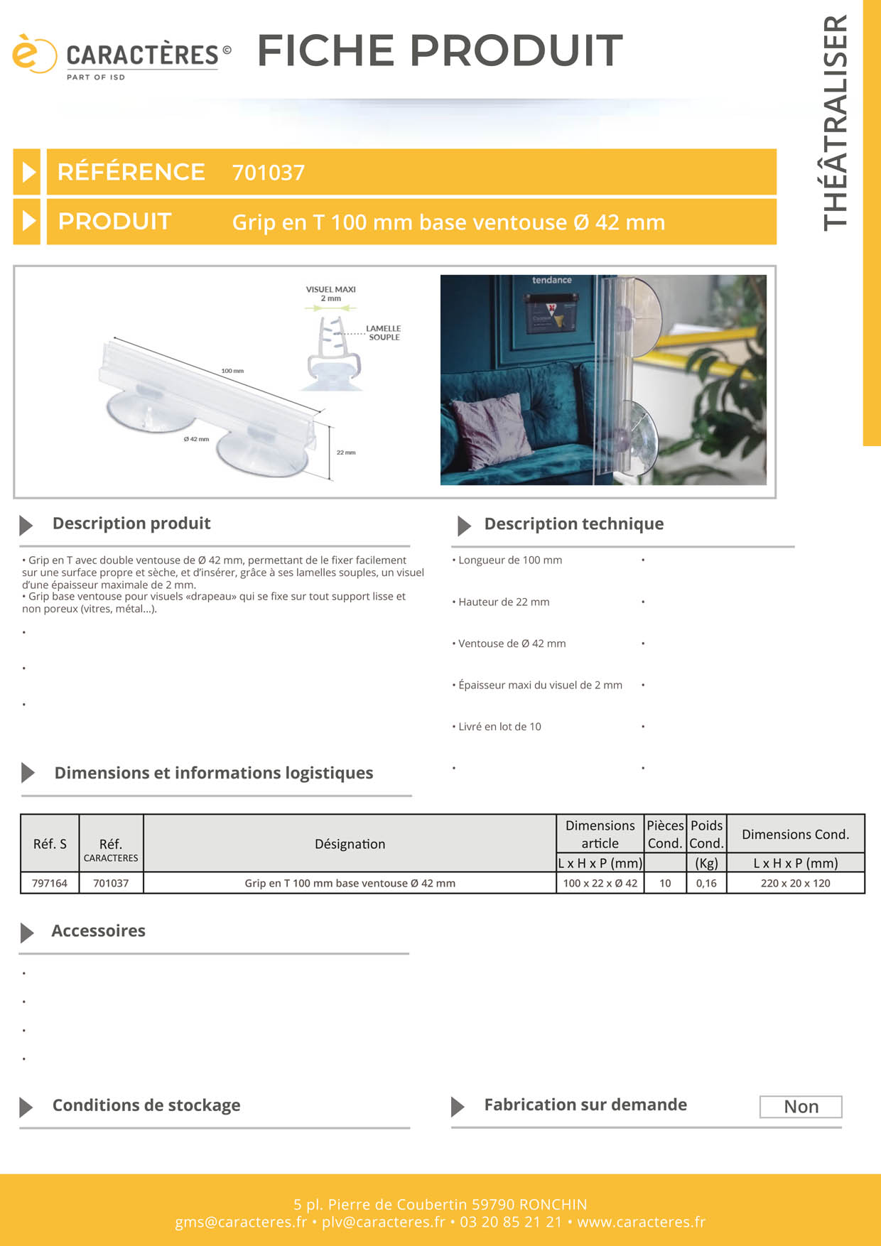 Grip en T ventouse en 100 mm - Base de Ø 42 mm