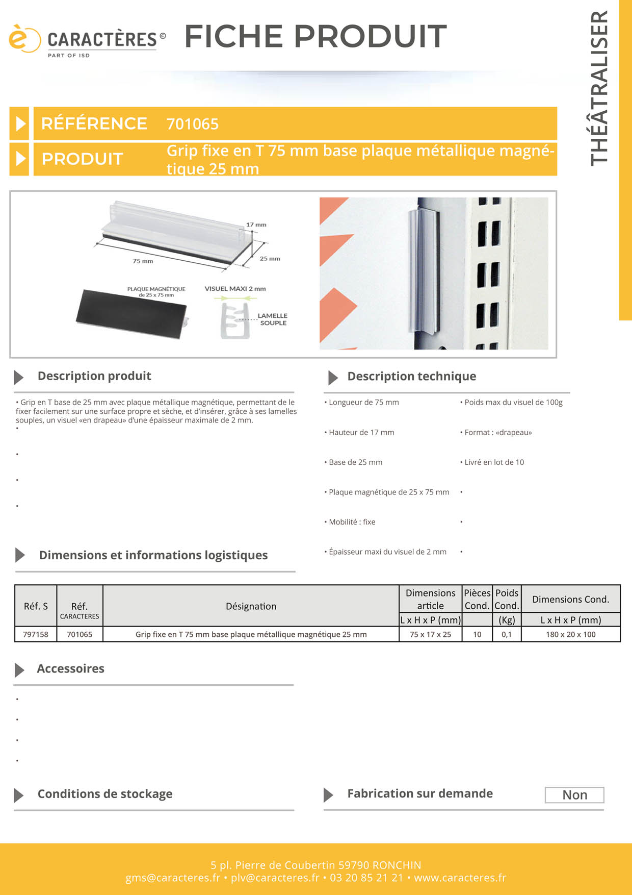 Grip en T bloc plaque métallique magnétique en 75 mm - Base de 25 mm
