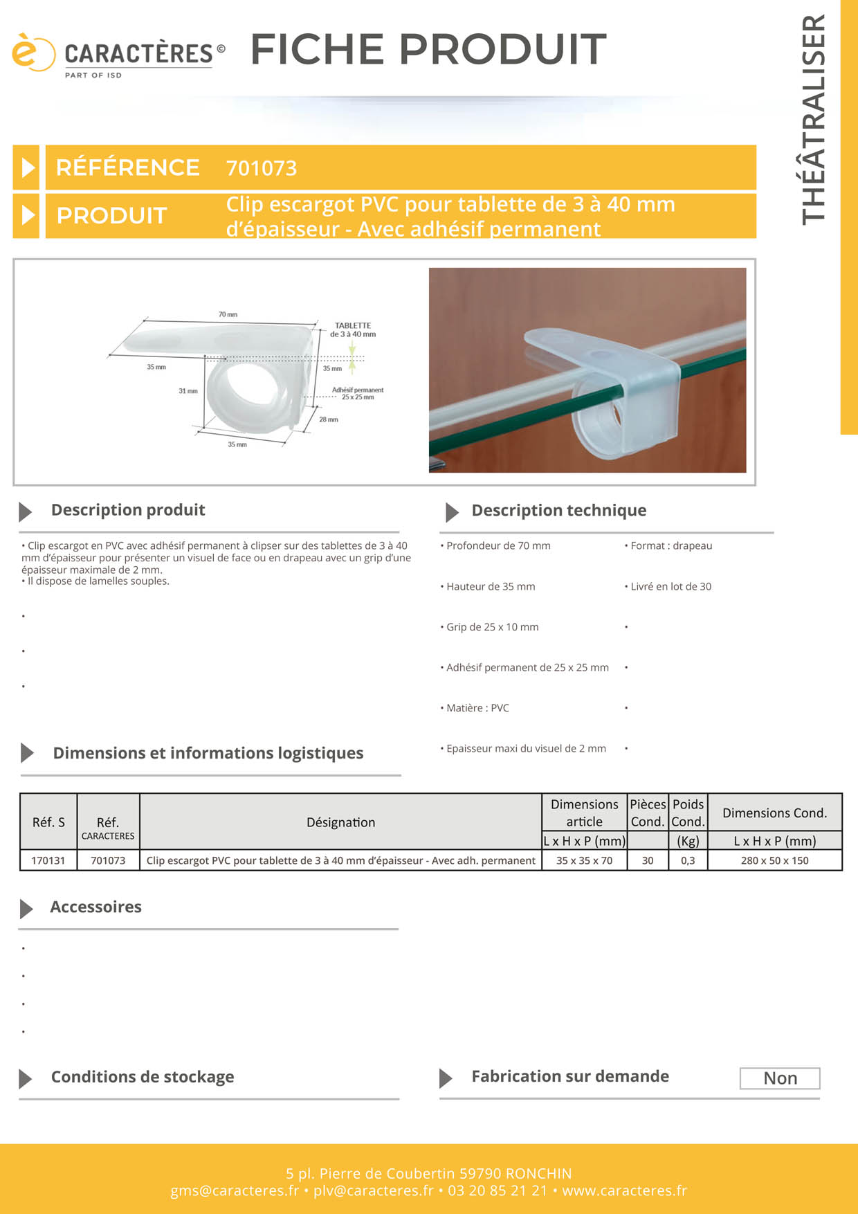 Clip escargot facing en PVC avec adhésif permanent - Tablette de 3 à 40 mm