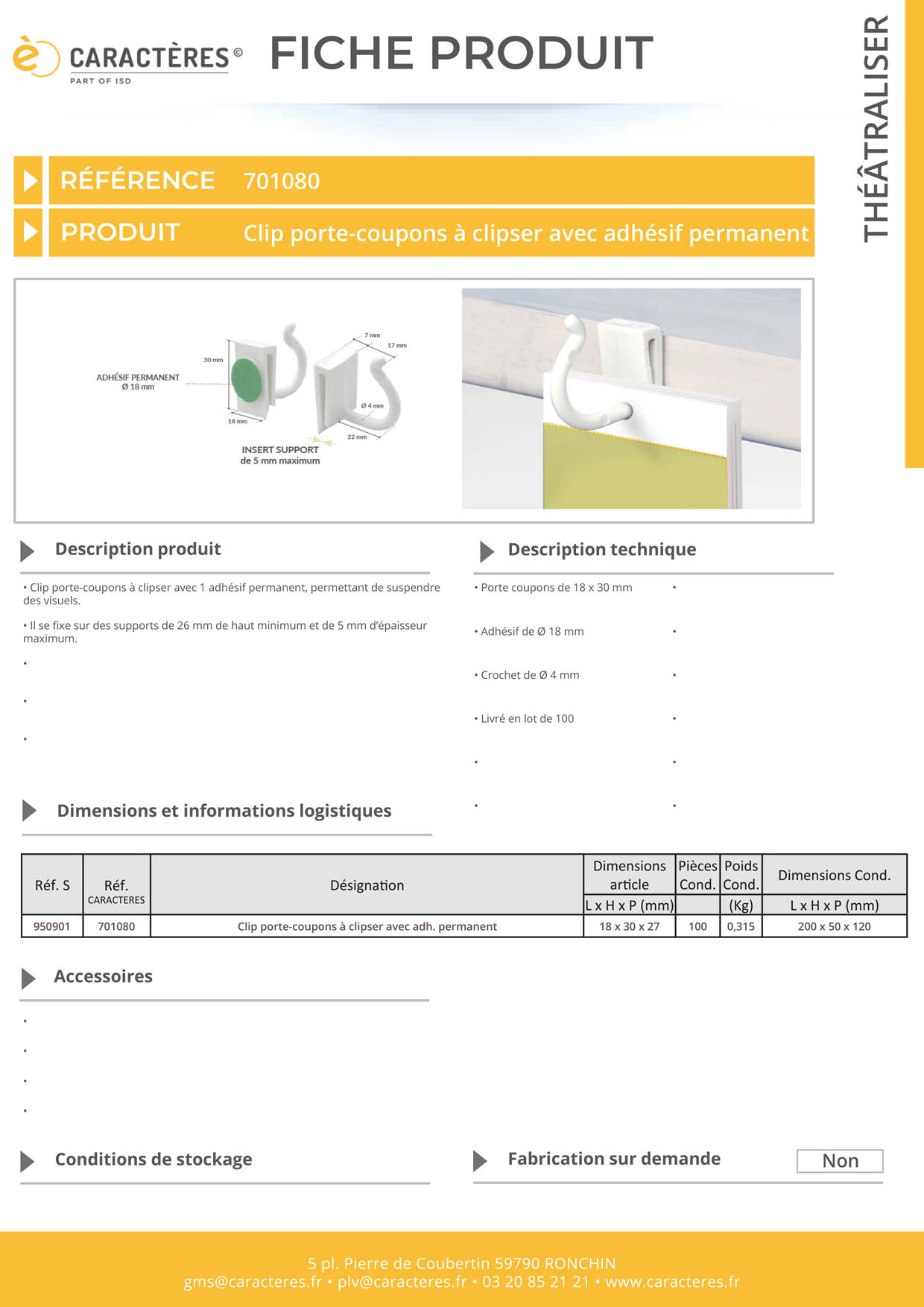 Clip porte-coupons à clipser de 18 x 30 mm - Avec adhésif permanent