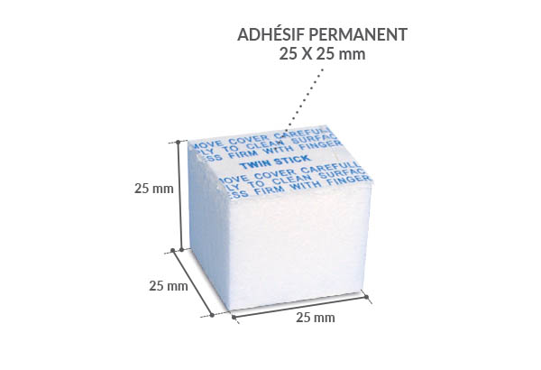 Entretoise bloc mousse avec adhésifs permanents - 25 x 25 x 25 mm