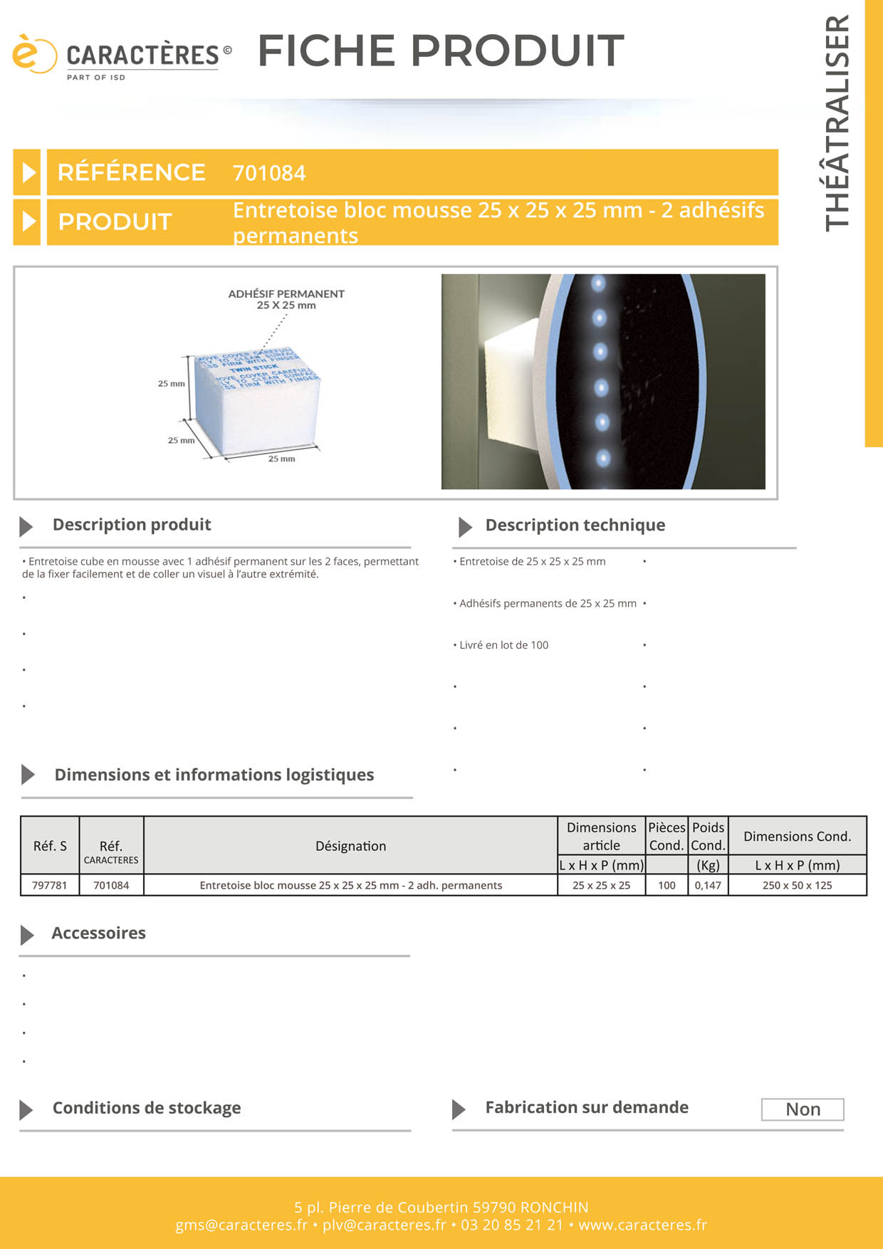 Entretoise bloc mousse avec adhésifs permanents - 25 x 25 x 25 mm