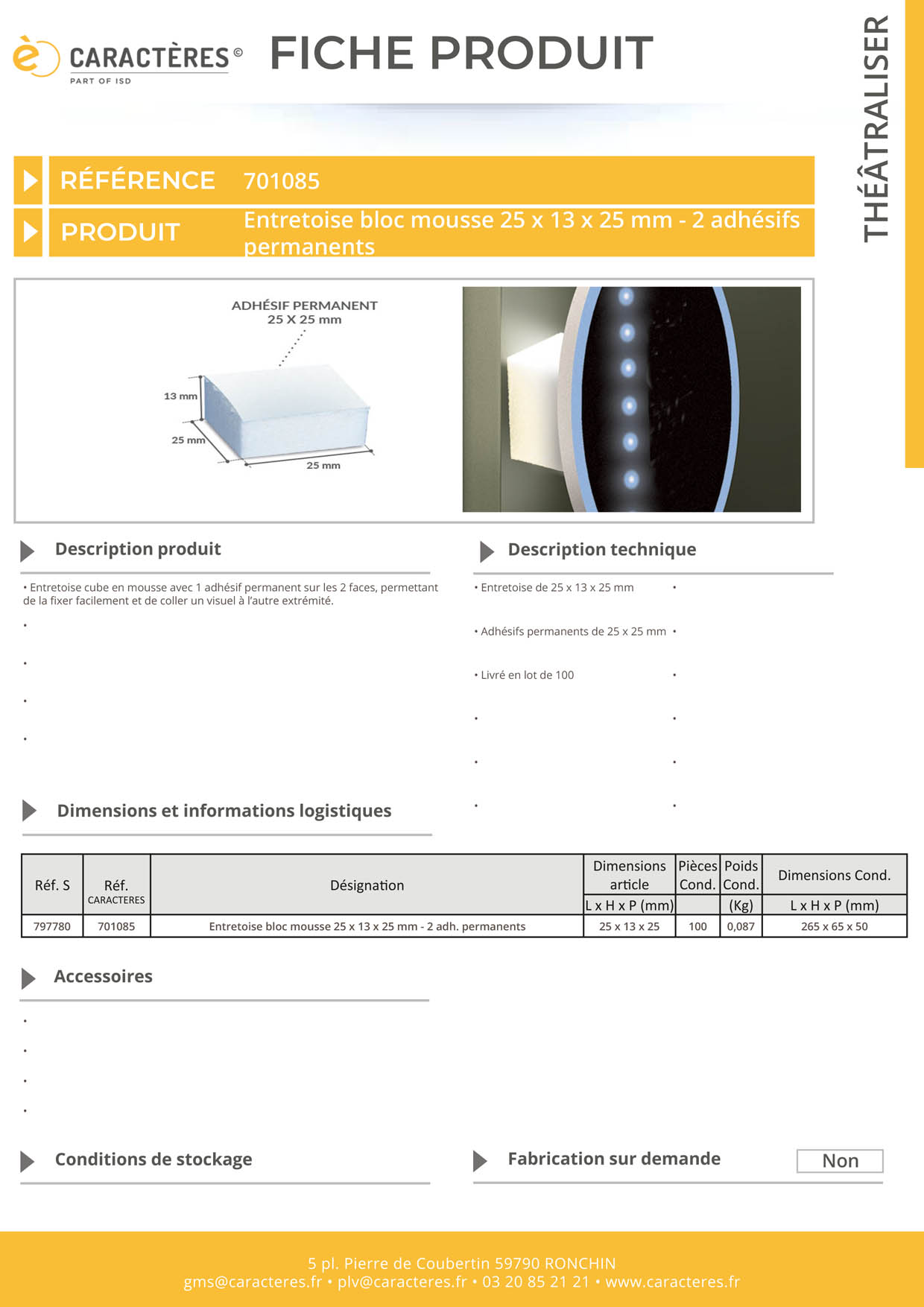 Entretoise bloc mousse avec adhésifs permanents - 25 x 25 x 13 mm